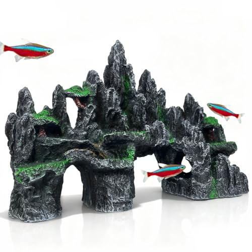 Large Fish Tank Decoration - Mountain View Aquarium Ornament Accessories with Tree House,Caves,Hideout,Hideaway,for 40 Gallon Fish Tank, Artificial Rock aquascaping Fish Tank Décor