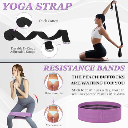 All in One Yoga Wheel Set, Soft Foam Roller Wheel for Back Pain & Stretching, Yoga Blocks 2 Pack with Strap, Trigger Point Therapy Massage Ball for Deep Tissue, Yoga Starter Kit for Beginner - color: C1, Purple