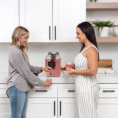 Le’raze 1 Gallon Glass Water Dispenser with Stainless Steel Spigot + Marker & Chalkboard, & Ice Cylinder - 100% Leakproof Beverage Mason Jar Drink Dispenser Gallon Jug - Laundry Detergent Holder.