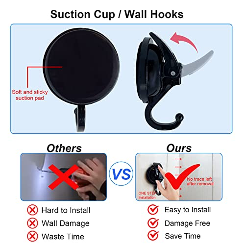 Heavy Duty Suction Cup Hooks for Shower, Bathroom Robe, Garland Decoration - Vacuum Glass Hooks, Reusable, No Hole Punched (Black, 4 Pack)