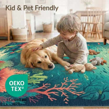 5'x7' Washable Beachy Fish Area Rug, Teal Non-Shedding Pet Friendly Carpet Easy Care Kids Safe Mat for Small Living Room, Playroom, Bedroom | Ref:2139107