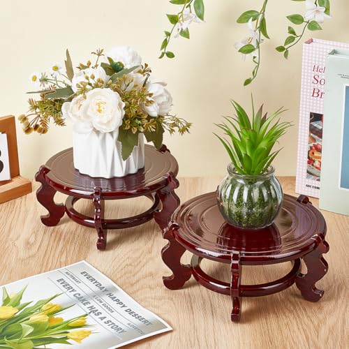 2 Pcs Wooden Plant Stands Indoor, 7.5" Diameter Chinese Oriental Decorative Sturdy Plant Stand for Vases, Planters Mini Fish Tanks (Brown) - size: 7.5 Inch