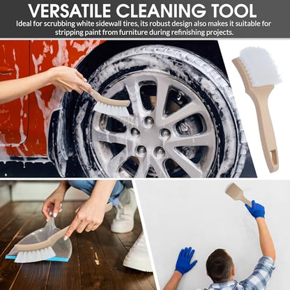 Nanoskin 8.5 Inch Multi-Purpose White Nylon Utility Scrub Brush - Ideal for Automotive Detailing, White Sidewall Tire Cleaning, Furniture Paint Stripping | Heavy Duty Nylon Bristles, Ergonomic Handle - color: White and Beige, size: 8.5"