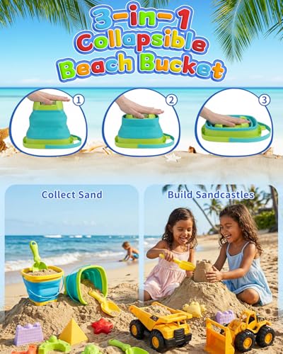 30PCS Beach Toys for Kids Ages 3-10, All-in-One Sand Toys Set with 2 Collapsible Buckets, Shovels, Trucks & Molds, Keep Kids Busy for Hours - Easy to Carry for Beach Travel Sandbox Play
