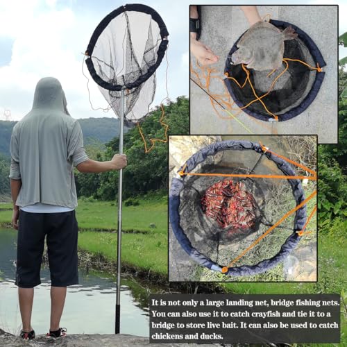 Large Collapsible Bridge Pier Fishing Net Landing Net with Rod, High Load Aluminum Ring Drop Net for Saltwater and Freshwater Pier Fishing Basket with 49.2 ft. Rope - color: Black, size: 23.6 x 23.6 x 27.5", style: Small Size Mesh