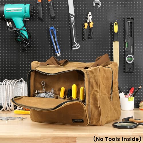 Tool Tote Bag - Large Capacity Tool Carrying Bag with 2 Zipper Pouches, Sustainable 16OZ Waxed Canvas Garden Tote for Gardening Set Hammer Fishing Gear Goggles - Khaki - 15.5"L x 7.5"W x 11.5"H - color: Khaki