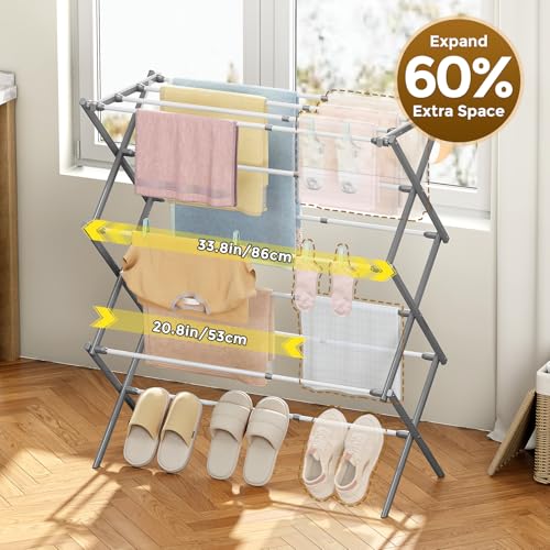 KINGBOARD 3-Tier Extendable Clothes Drying Rack, Foldable, White & Grey | 37.4"H x 33.8"W x 11.2"D, Space-Saving Collapsible, Easy Assembly, Rust-Resistant Iron Frame, Indoor Outdoor Use, 25lb - color: White&grey