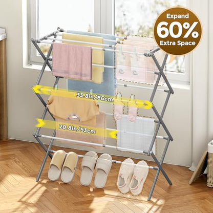 KINGBOARD 3-Tier Extendable Clothes Drying Rack, Foldable, White & Grey | 37.4"H x 33.8"W x 11.2"D, Space-Saving Collapsible, Easy Assembly, Rust-Resistant Iron Frame, Indoor Outdoor Use, 25lb - color: White&grey