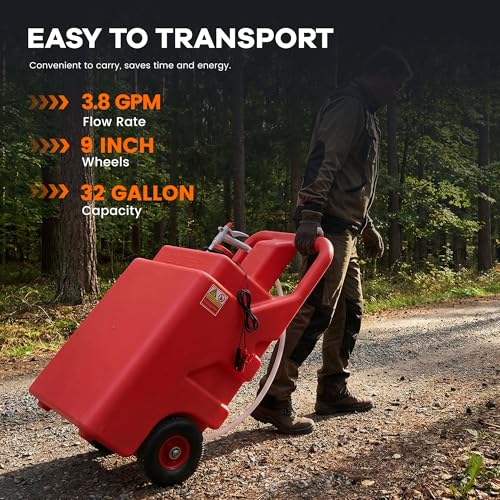 32 Gallon Fuel Transfer Caddy, 120L Portable Gas Caddy with 4 AA Battery Powered Pump for Gasoline Diesel, PE Diesel Transfer Tank, Manual Fueling Nozzle, for Easy Fuel Transportation - size: 32Gallon 3.8GPM