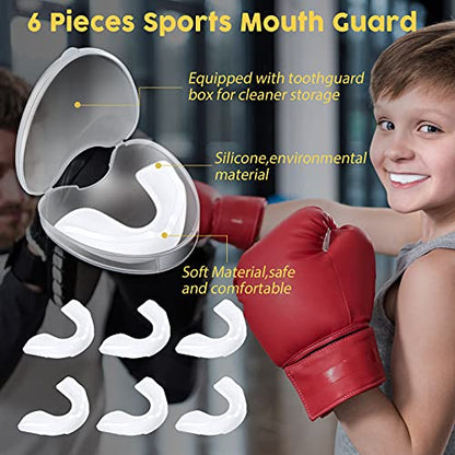 BBTO 6 Pack Kids Youth Mouth Guard for Football Sports, Boys Girls Mouthguard with Case, Soft Mouth Guard for Hockey Boxing Basketball, Ages 4+ - color: White