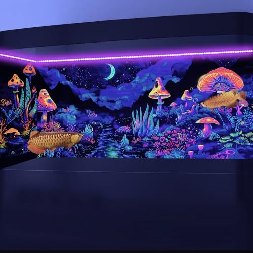 24X12IN Blacklight Mushroom Flower Black Light Aquarium Background, UV Fish Tank Background Moonlight Mountain Forest Landscape Terrarium Background with 10 EVA Double-Sided Tape