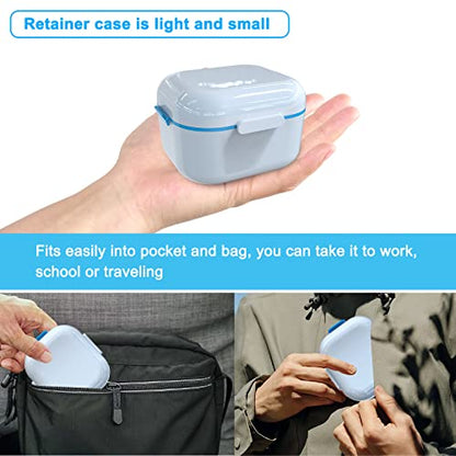 Denture Case with Mirror, Leakproof Retainer Box with Strainer Basket - color: White & Blue