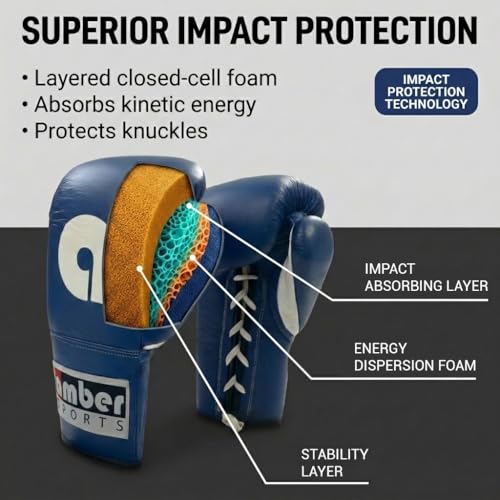 Amber Fight Gear Professional Leather Fight Gloves – Competition Ready Boxing & Kickboxing Gloves – Padded Multi-Layered Foam – Pre-Curved Safety Design – Sizes 8oz, 10oz, 12oz – Red & Blue - color: Blue, size: 12 oz