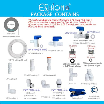 NSF Certified 1/4" O.D. Push to Connect Fittings for RO (Reverse Osmosis) Water Filter（with Shut-Off T Valve）18 pcs+30 feet 1/4" Water tubing.