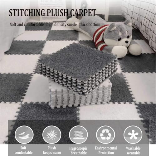 10 Pieces Plush Puzzle Play Mat 12''x12''x0.4'' Interlocking EVA Foam Mats,Shaggy Fluffy Carpet Floor Tiles Non-Slip Protective Floor Area Rug (Blue Black) - color: Blue Black