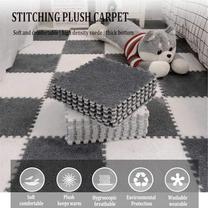 10 Pieces Plush Puzzle Play Mat 12''x12''x0.4'' Interlocking EVA Foam Mats,Shaggy Fluffy Carpet Floor Tiles Non-Slip Protective Floor Area Rug (Blue Black) - color: Blue Black