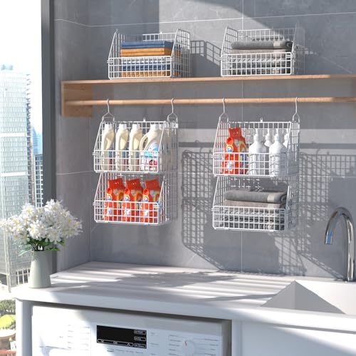 Hanging Closet Organizer and Storage, Clothes Hanging Shelves Wire Baskets for Clothing Sweaters Purse Handbags Shoes White 5 Tier - color: White-5pcs