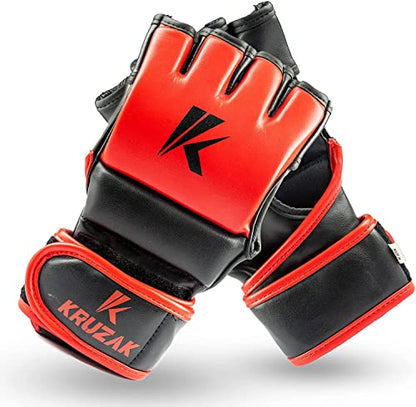 Kruzak MMA Gloves, Half-Finger Boxing Mitts with Hand Wraps - color: Red, size: Small-Medium