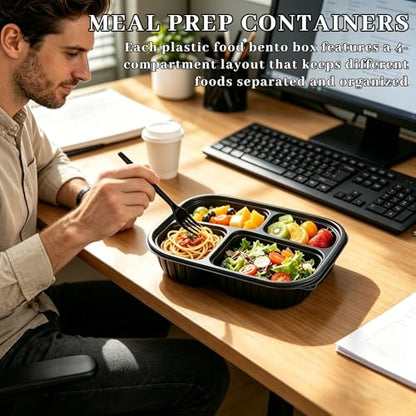 50 Pack Food Containers with Lids and with Forks, 37oz/1100ml Microwave Safe 4 Compartment Meal Prep Containers, Black Plastic Food Bento Boxes for Take Out, Restaurant