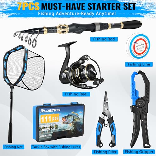 PLUSINNO Fishing Gear,Full Fishing Pole kit Include Fishing Rod and Reel Combo, Tackle Box with Fishing Lures, Fishing Accessories, Fishing Pliers,Fishing Gifts for Men with Fishing Tool Kit