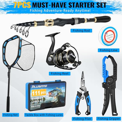 PLUSINNO Fishing Gear,Full Fishing Pole kit Include Fishing Rod and Reel Combo, Tackle Box with Fishing Lures, Fishing Accessories, Fishing Pliers,Fishing Gifts for Men with Fishing Tool Kit