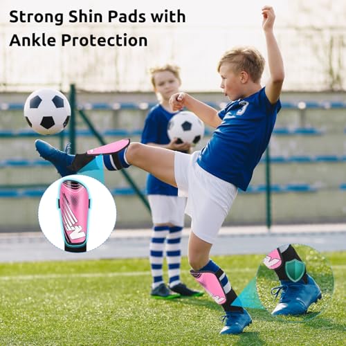 Shin Guards Soccer Youth Kids, Shin Guard Boys Girls Teenagers 2-18 Yrs Old | Soccer Shin Guards with Ankle Sleeves Protection - Football Shin Pads Equipment with Adjustable Strap - color: Pink, size: Small