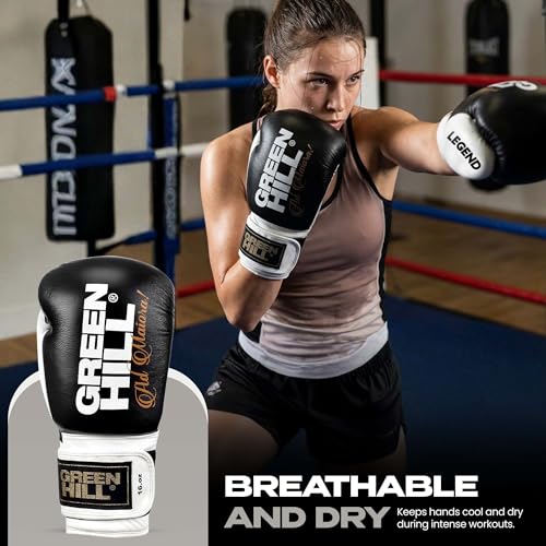 Green Hill Legend Leather Boxing Gloves for Men & Women - color: Black/White, size: 10 Oz