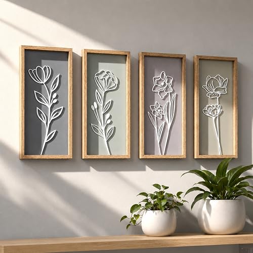 3D Wooden Floral Bathroom Wall Decor (Set of 4) Lightweight, Ready-to-Hang Framed Wall Art For Living Room, Bedroom, or Office - Premium Boho Botanical Farmhouse Decorations - Gift-Boxed - color: Naturals, size: 7" x 16"