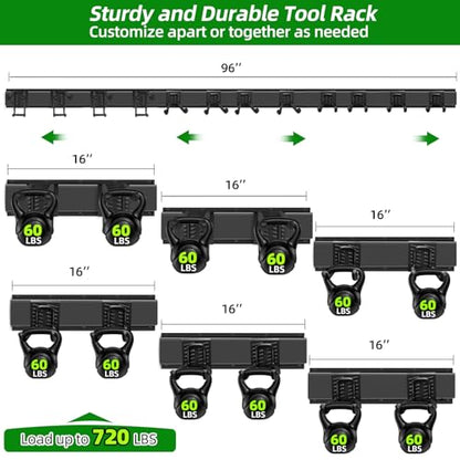 Garage Wall Organizer, 96 in Garden Tool Organizer with 12 Adjustable Hooks | 720 LBS Load, Wear & Tear Resistant, Soft Anti-Scratch Hook Sleeves, 3 Extra Storage Straps, For Garden Lawn & Shed Tools - size: 96 inch 12-Hook