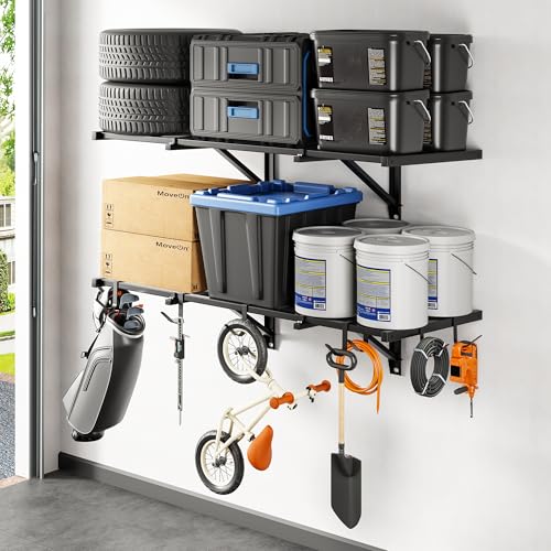 FLEXIMOUNTS 2-Pack 2x4ft Garage Wall Shelving, 8 Hooks, Heavy Duty, Black | Heavy Duty Garage Shelving Wall Mounted, 400lbs Capacity, Storage for Power Tools, Garden Supplies, Storage Bins, Lite Series - size: 2 pack-2x4 ft