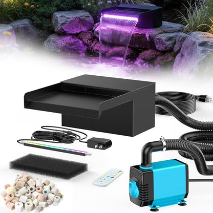 8inch Pond Waterfall Spillway with RGB LED Lights & 660GPH Pond Pump- APP/Remote Control, 304 Stainless Steel Pond Spillway with 9.8FT Tubing for Garden Ponds Landscape Water Features-P42DY - size: 8INCH with Remote Lights