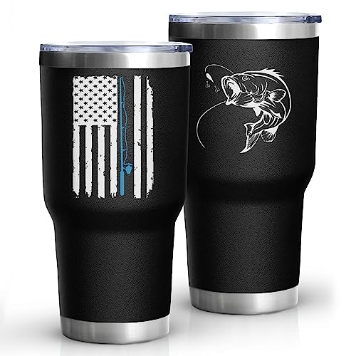 Fishing Tumbler Cups - 30 oz Stainless Steel Insulated Water Bottle With Lid - American Flag Design - Father's Day & Christmas Gifts for Dad & Grandpa - color: Fish Flag-02