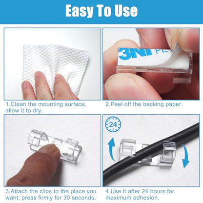 40PCS Strong Adhesive Cable Clips Clear, Premium Wire Holders for Wall, Strong Cord Organizer Under Desk, Car, PC, Christmas Light Indoor/Outdoor