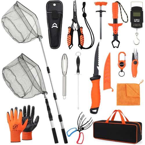 14 Pcs Fishing Tool Kit, Fishing Pliers, Retractable Landing Net, Lip Gripper, Fillet Knife, Digital Scale, Hook Remover, Scaler, Braid Scissors, Sharpener, Tool Retractor Accessories