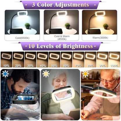 10X 30X Large Magnifying Glass with Light and Stand, 5-inch Lighted Magnifier, 72 LED 3 Color Modes Stepless Dimmable, Hands-Free Magnifying Glass Desk Lamp for Reading Craft Hobby Close Work