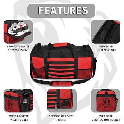 Gym Duffle Bag- Workout, Boxing, MMA, Sports Bag with Shoes Compartment and Adjustable Shoulder Strap for Men and Women (Red) - color: Red