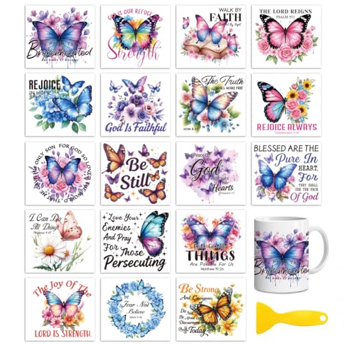 Peacoblue 18 Sheets Rub on Transfers for Crafts, Bible and Butterfly 3.6"x3.9" UV DTF Cup Wraps Waterproof Rub on Cold Transfers Stickers for Wood Glass Metal Cup Tumblers Mirrors Mugs Home Decor - style: Bible And Butterfly