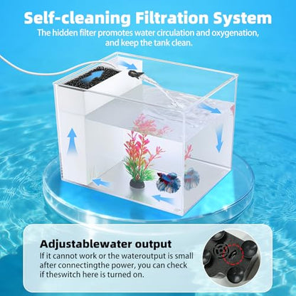 Small Fish Tank Betta 2.5 Gallon Desktop Aquarium Kit with LED Light and Water Pump & Black Filter Sponge & Bio Ball Filter Media Compact Aquarium for Betta Fish, Shrimp(White)