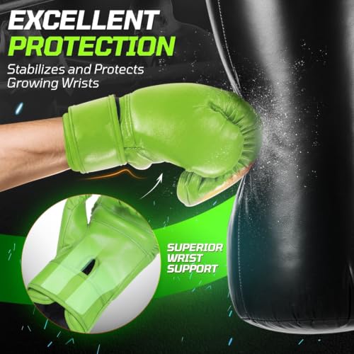 Flexzion Boxing Gloves for Kids 4oz – Training Punching Bag Mitts, Kid Boxing Gloves with Faux Leather & Wrap-Around Wrist Protection for Boys & Girls Ages 3-8 Years - color: Green Blaze