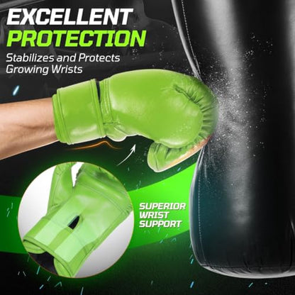 Flexzion Boxing Gloves for Kids 4oz – Training Punching Bag Mitts, Kid Boxing Gloves with Faux Leather & Wrap-Around Wrist Protection for Boys & Girls Ages 3-8 Years - color: Green Blaze