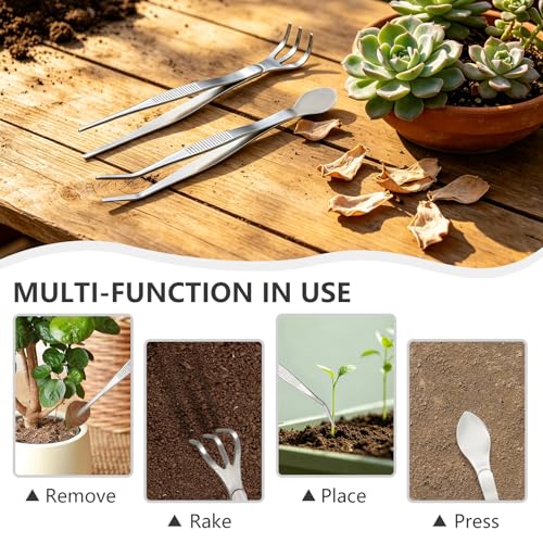 2 PCS Stainless Steel Garden Tweezers Set 2-in-1 Long Plant Tweezers Gardening Tools with 8.9" Curved Tine & 8.7" Straight Rake for Plants, Lawn, Bonsai, Succulents