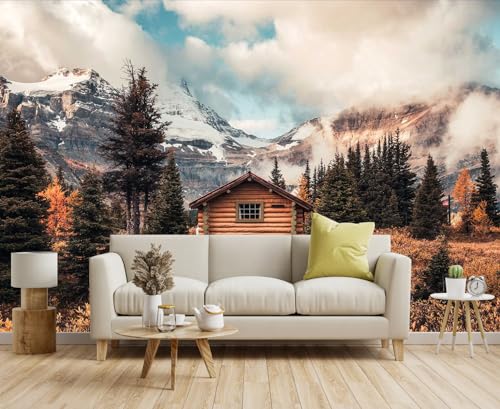 Assiniboine Mountain Chalet Mural in Autumn Forest for Living Room, Dining Room, Bathroom Backdrop Decoration（Non-self-Adhesive） - color: MURAL-208, size: 127" x 77"