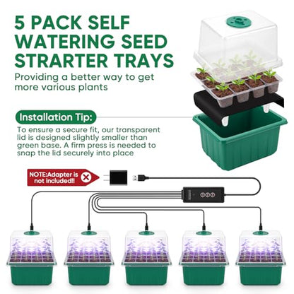 Self-Watering Seed Starter Tray Kit with Grow Light and Humidity Dome,3 Color Growing Light,5-Pack 60-Cell Plant Seedling Tray,Reusable Plastic Germination Trays,Timed Light Plant Starter Set