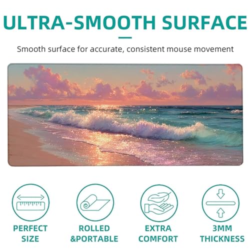 Sea View Gaming Mouse Pad 24x12in, Large Desk Mat Sunset, Mousepad with Stitched Edges, Gaming Accessories, Mouse Pad with Non-Slip Rubber Base, Office Accessories Keyboard Mat, for PC Laptop N-9485