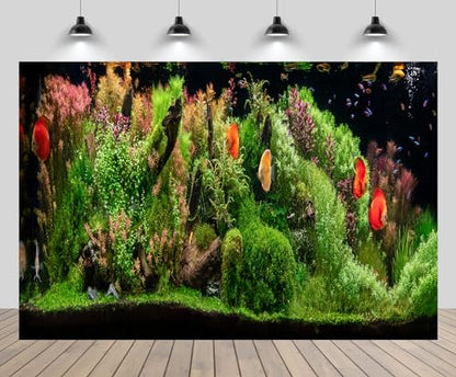 15x8ft Fish Tank Backdrop Aquarium Underwater Grass Leaves Aquatic Plant River Stone Bed Lake Fish Background Diving Holiday Fishing Party Decoration Photo Props Wallpaper