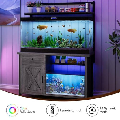 4ever2buy 55-75 Gallon Fish Tank Stand with Power Outlet, Led Light, Heavy Duty Aquarium Stand with Cabinet for Fish Tank Accessories Storage, Shelf, for Turtle Tank, Reptile Terrarium, 1100 LBS, Gray