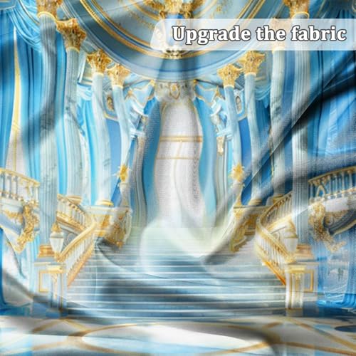Fabric Blue Palace Backdrop Luxury Golden Hall Castle Interior Staircase Masquerade Party Scene Wedding Bridal Shower Background Photo Booth Studio Props 5x4ft - color: XH002, size: 5Wx4H FT