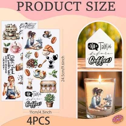 4 PCS Coffee Quotes UV DTF Cup Wraps, Waterproof Transfer Stickers for Tumblers and Mugs, Durable Rub-on Decals for Smooth and Flat Surfaces - style: coffee quotes