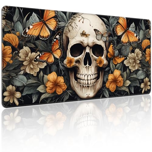 35.4 x 15.7 in, XXL Large Mouse Pad for Desk, Extended Keyboard Mouse Mat for Computer Office, Big Mouse pad with Stitched Edges, Gaming Pc-Skull Butterfly Flowers - color: Skull Butterfly Flowers