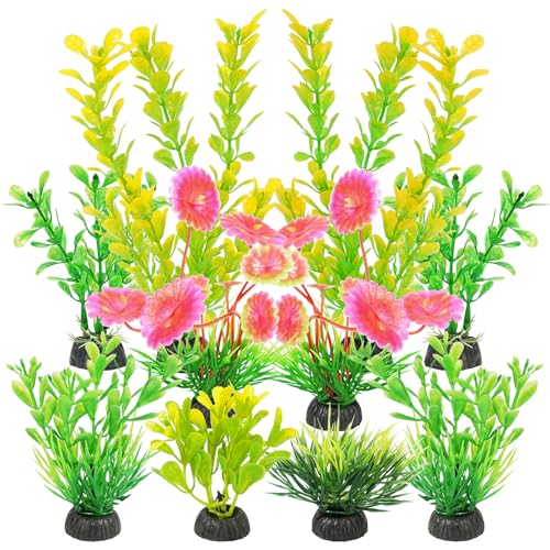AQUANEAT Artificial Fish Tank Plants, Plastic Aquarium Decorations, Yellow Accessories, 10pcs
